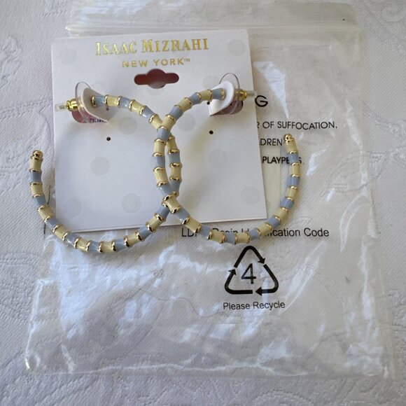 Isaac Mizrahi Bold Blue Cream Gold Enamel Hoop Earrings MSRP $38 NEW - Picture 3 of 9